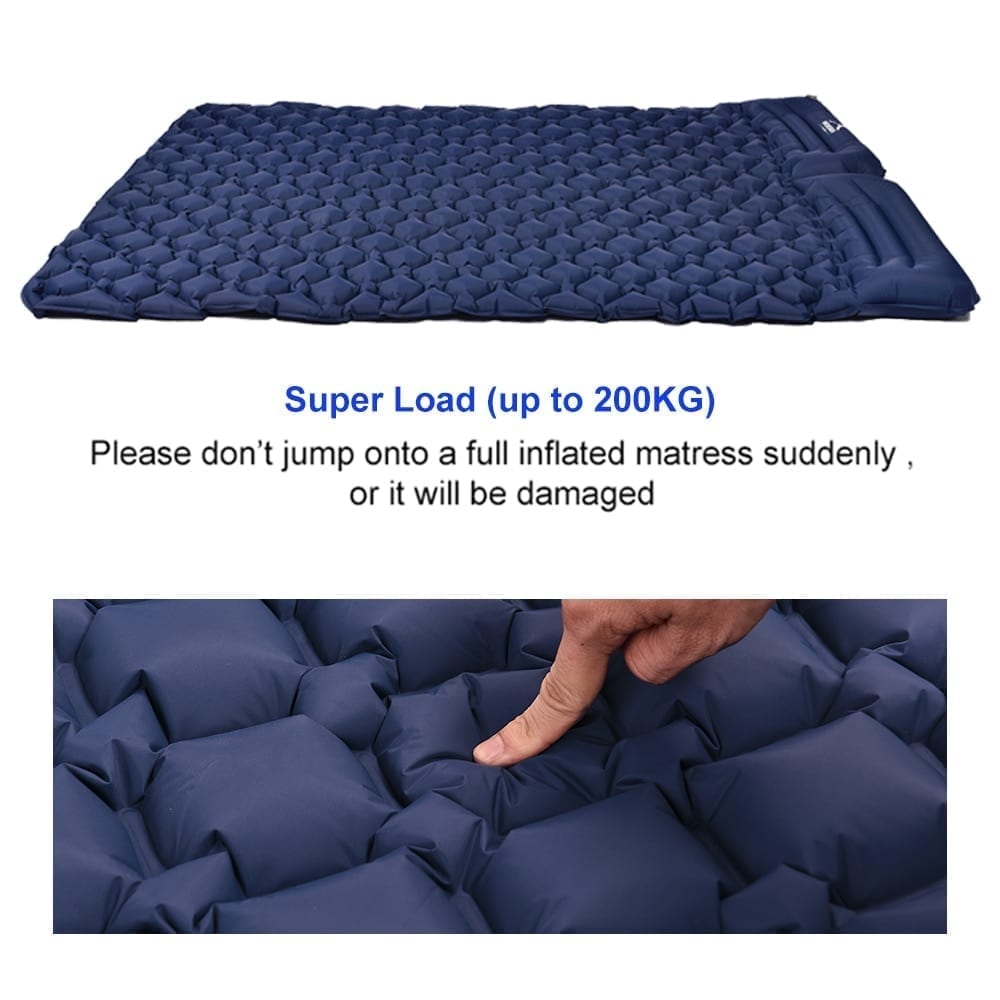 An inflatable double sleeping mattress that is easy to carry and operate when needed
