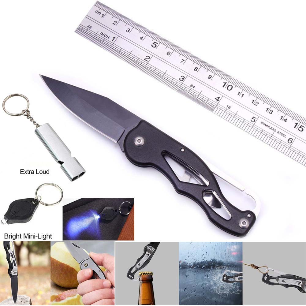 A camping survival kit includes a blanket from a bracelet whistle knife