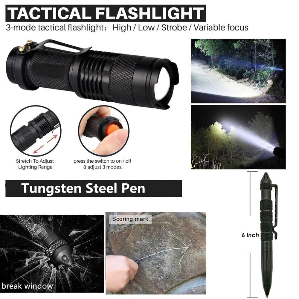A camping survival kit includes a blanket from a bracelet whistle knife