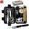 A camping survival kit includes a blanket from a bracelet whistle knife