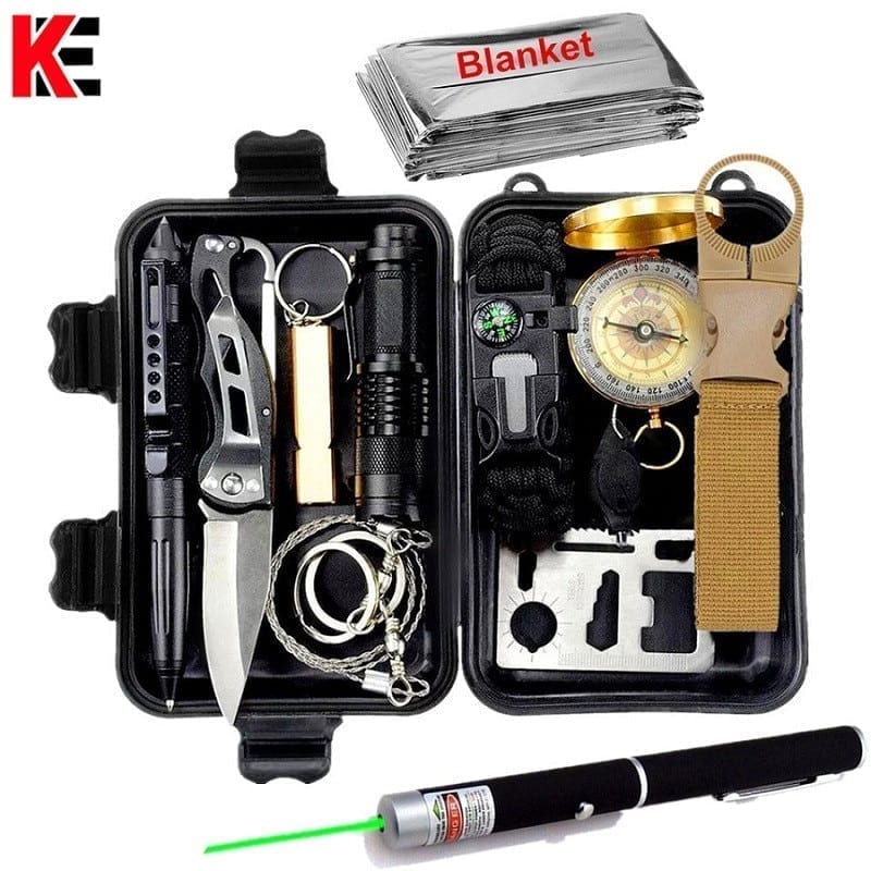 A camping survival kit includes a blanket from a bracelet whistle knife