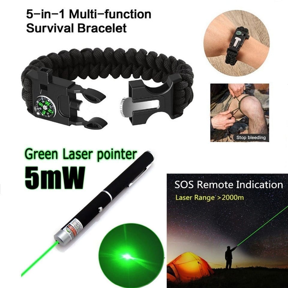 A camping survival kit includes a blanket from a bracelet whistle knife
