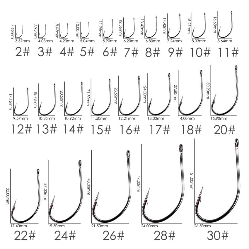 Carbon hooks with a ring in a variety of sizes, in packs of 10 or 50
