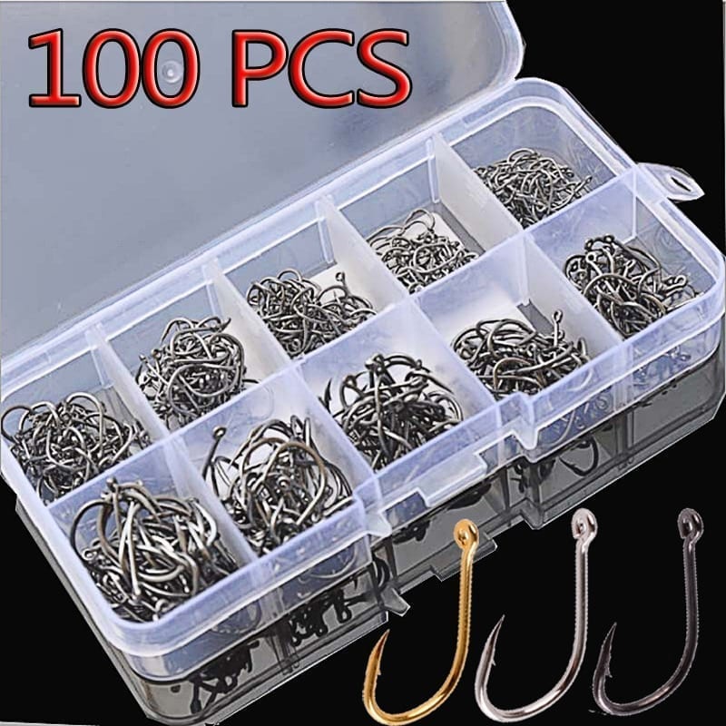 100 fishing hooks with ring in a variety of sizes