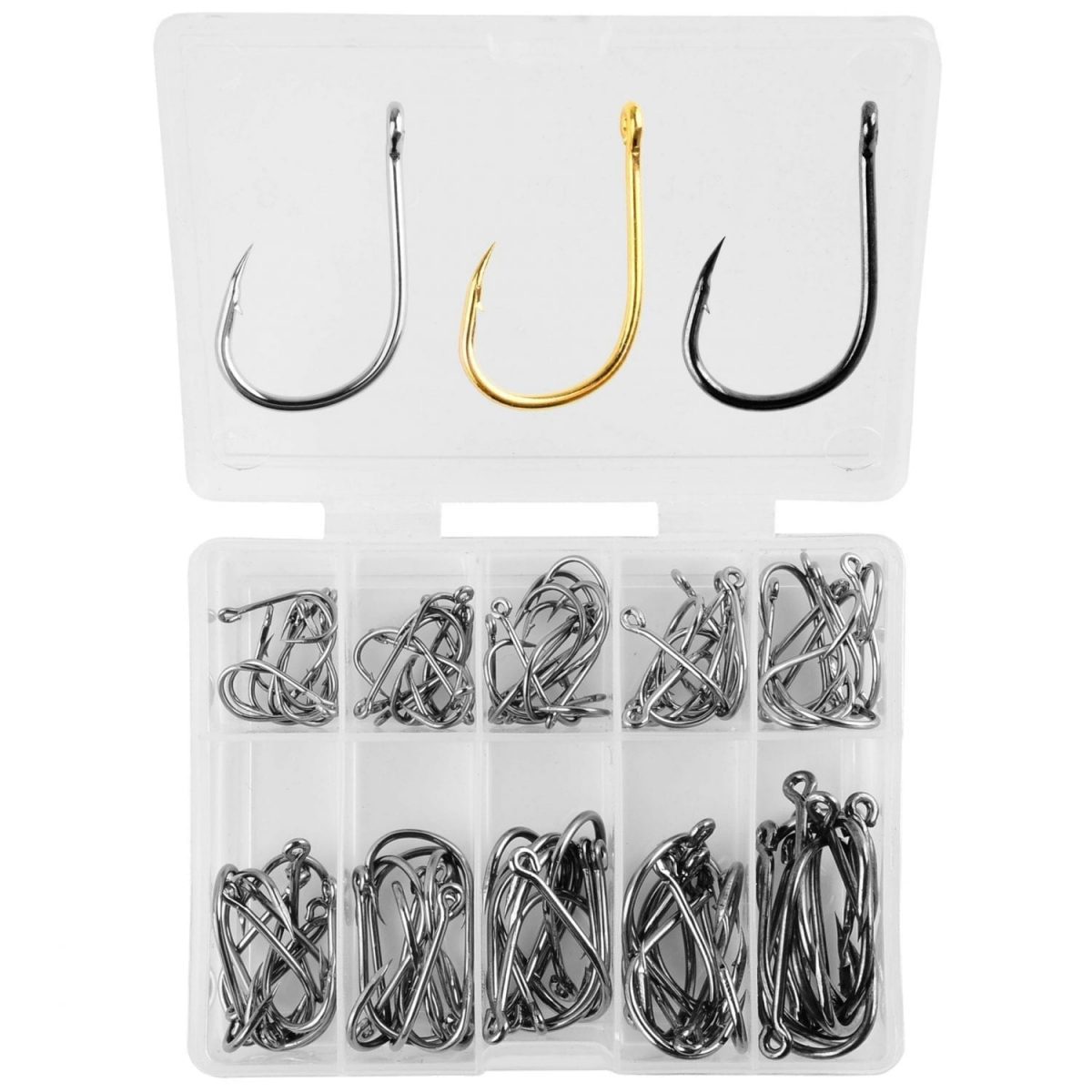 100 fishing hooks with ring in a variety of sizes