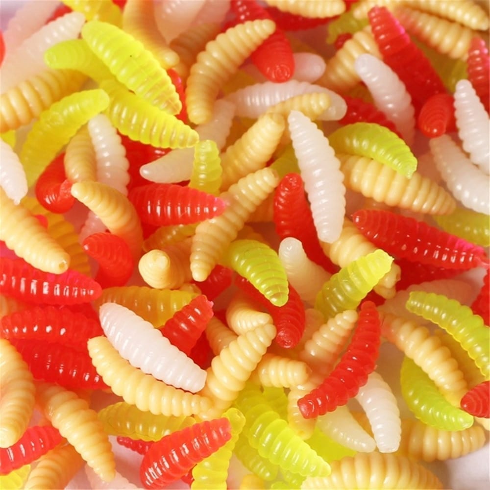 50pcs 2cm 0.3g maggot grub soft fishing lure hooks smell worms glow fish lures