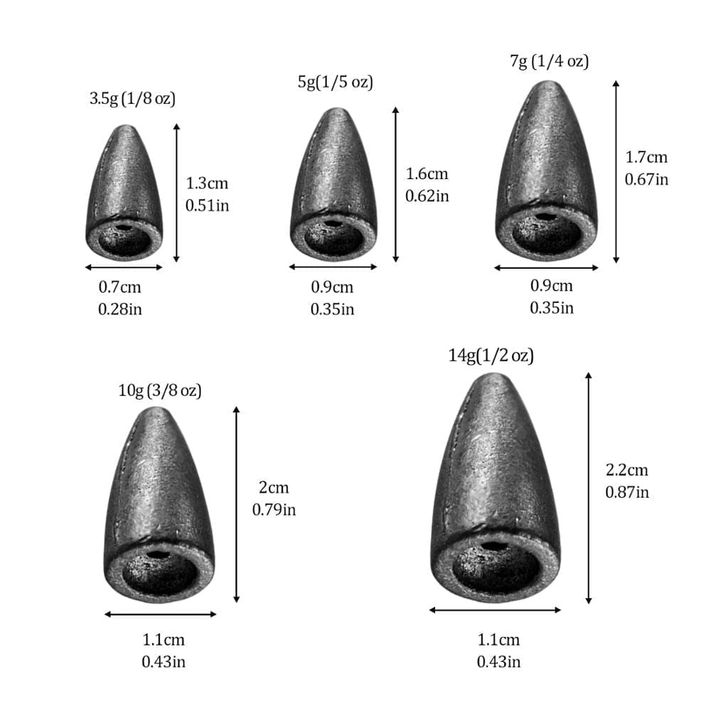 10pcs fishing weight sinkers, 3.5g 5g 7g 10g 14g, bullet lead weight sinkers.