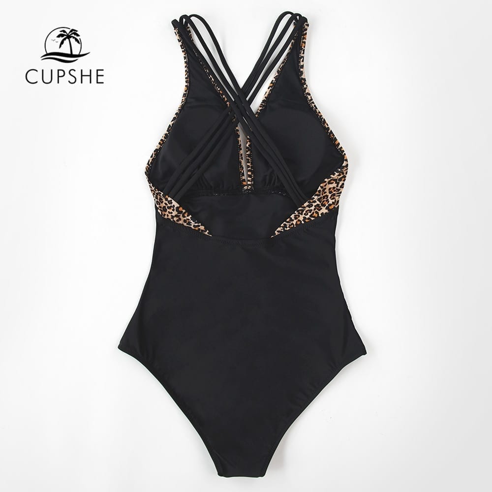 Black leopard v-neck one-piece swimsuit, sexy crisscross back women monokini