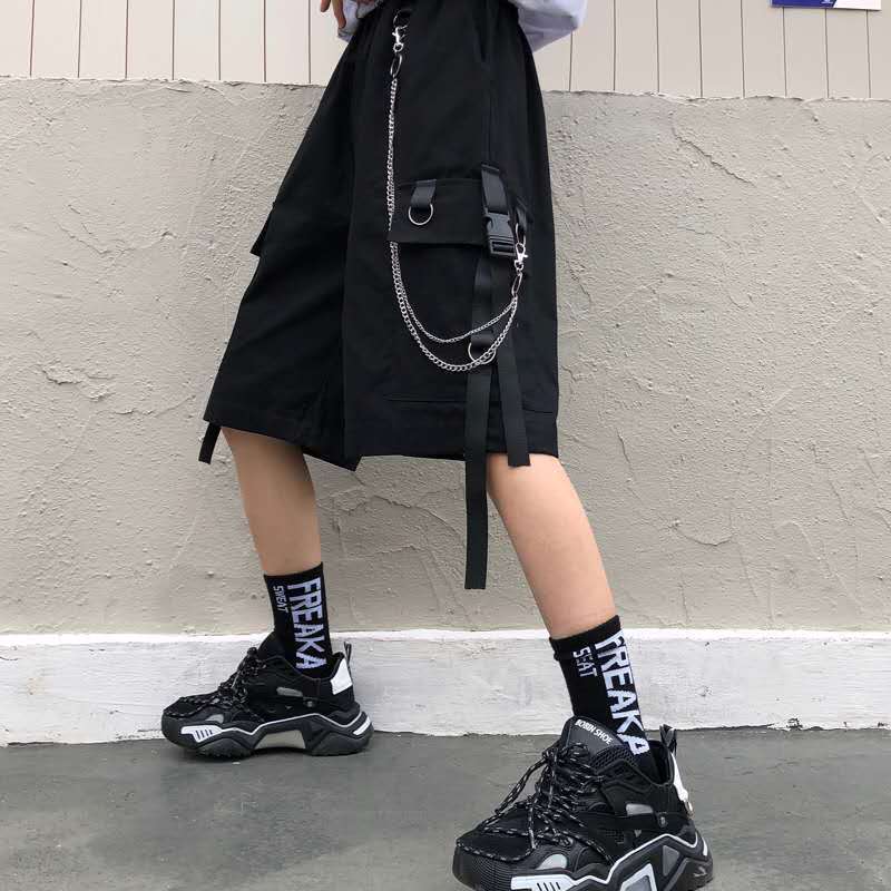 Solid men’s shorts, summer mens beach shorts, ribbons black hip hop streetwear casual male shorts