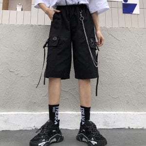 Solid Men’s Shorts, Summer Mens Beach Shorts, Ribbons Black Hip Hop Streetwear Casual Male  Shorts