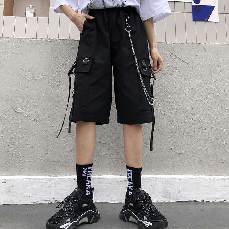 Solid men’s shorts, summer mens beach shorts, ribbons black hip hop streetwear casual male shorts