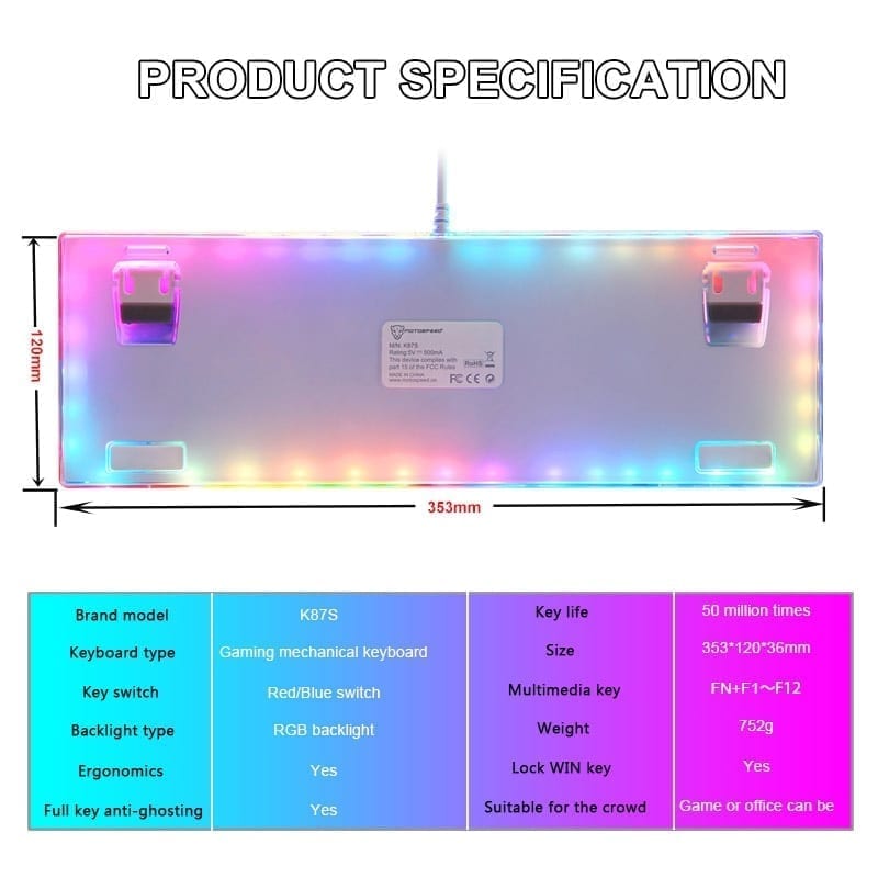 Original motospeed k87s, gaming mechanical keyboard with rgb backlight red/blue switch