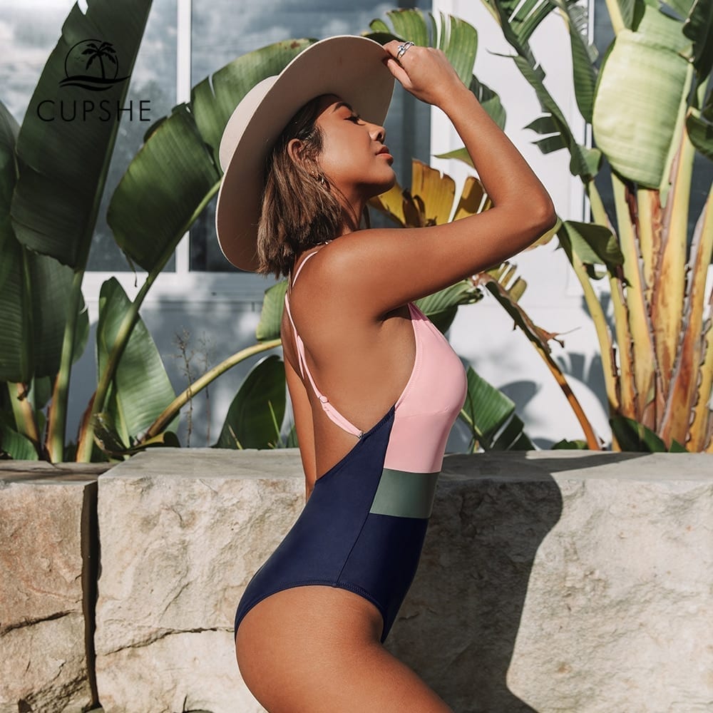 Cross block one-piece swimsuit, v-neck backless monokini
