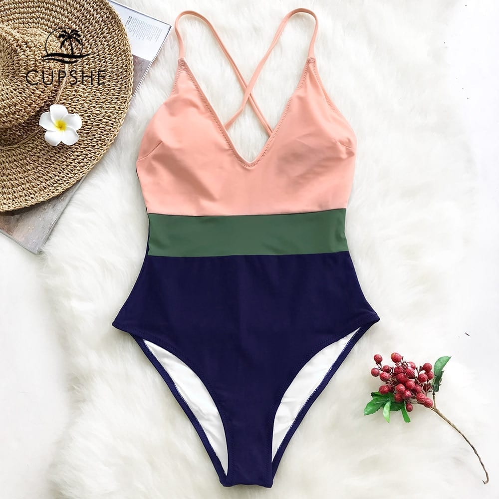 Cross block one-piece swimsuit, v-neck backless monokini