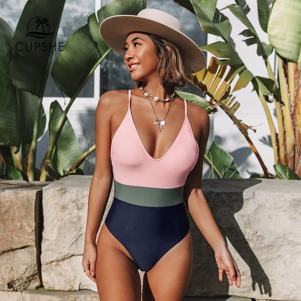 Cross block one-piece swimsuit, v-neck backless monokini