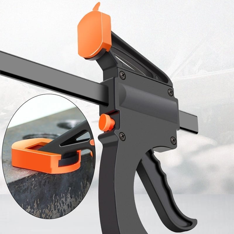 Spreader work bar clamp gadget, squeeze, quick ratchet release