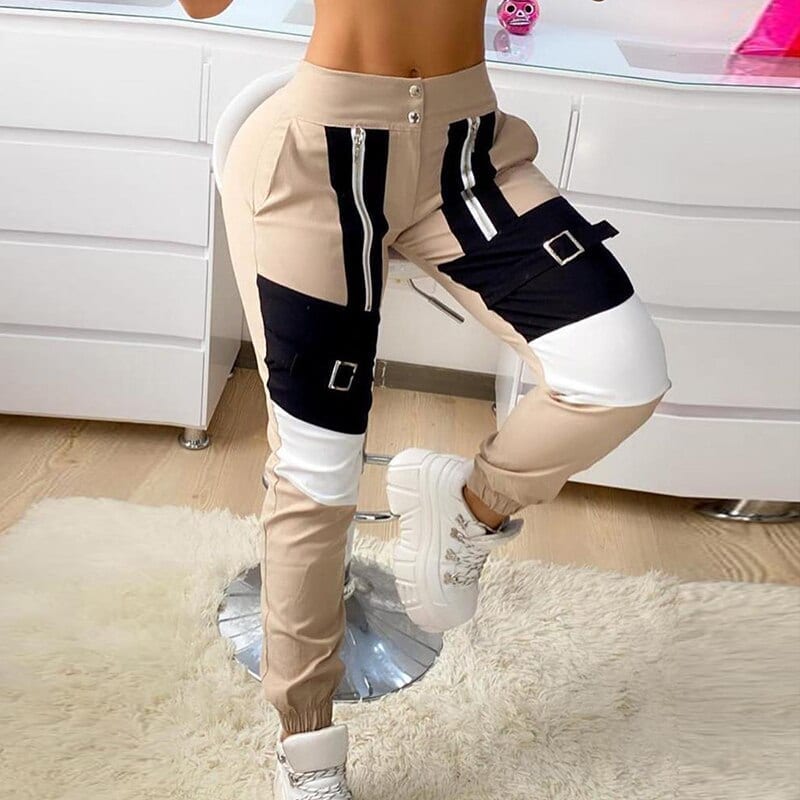 Cargo pants, casual elastic buckle camouflage sweatpant, overall women patchwork high waist trousers