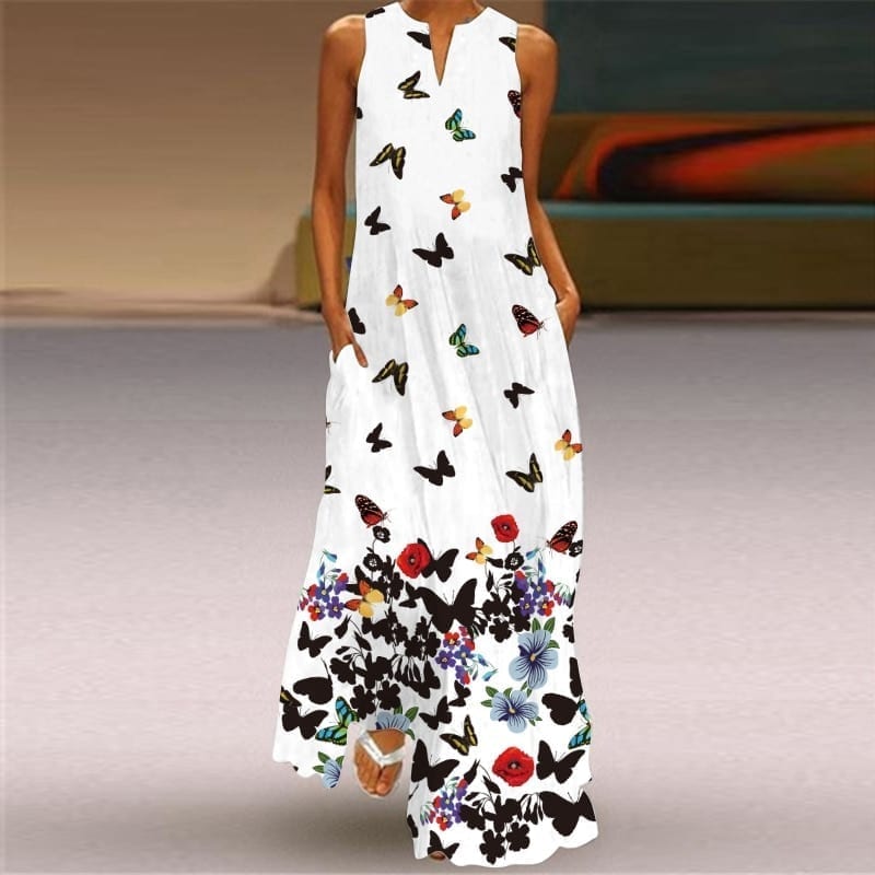 Summer new sexy women dresses, printed v-neck pocket long and big swing skirt