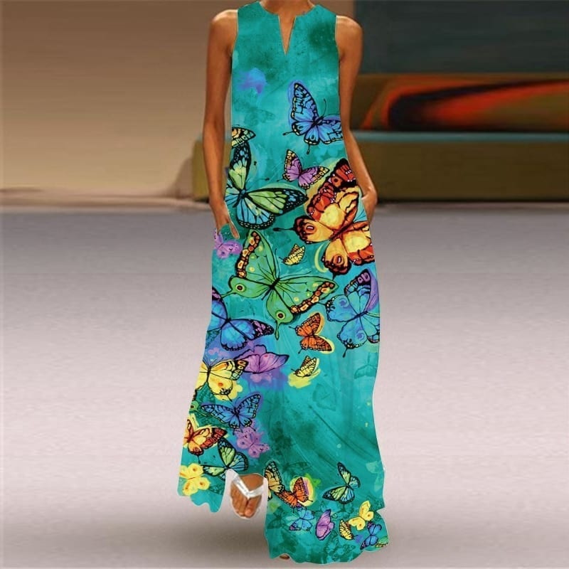 Summer new sexy women dresses, printed v-neck pocket long and big swing skirt