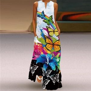 Summer New Sexy Women Dresses, Printed V-neck Pocket Long and Big Swing Skirt