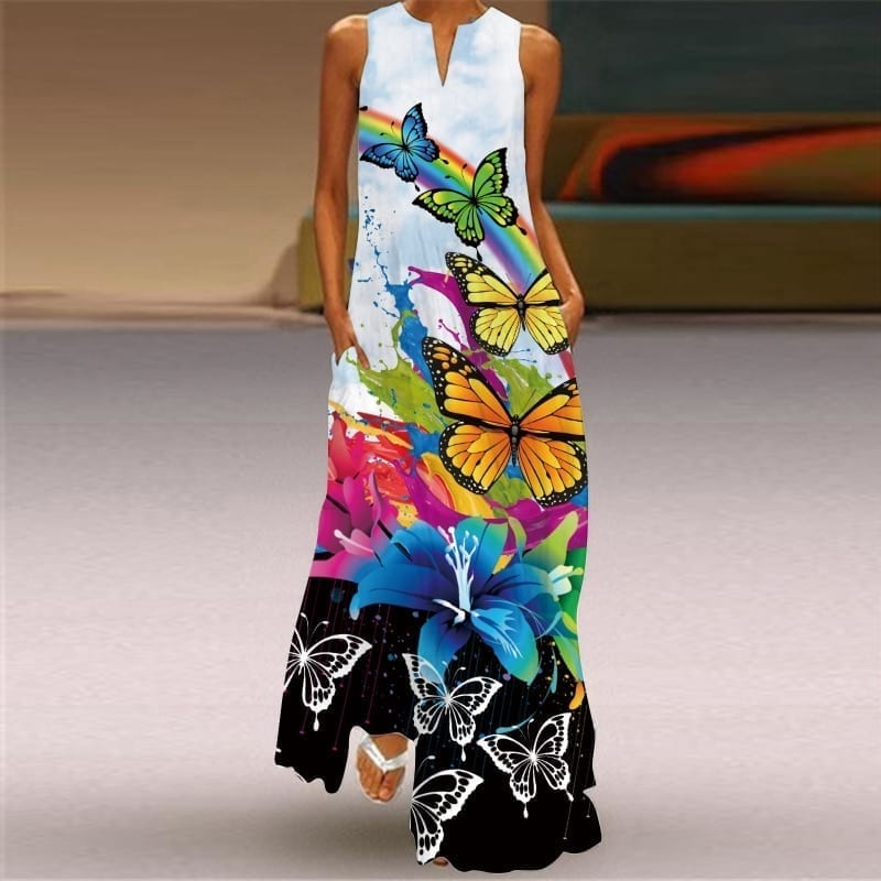Summer new sexy women dresses, printed v-neck pocket long and big swing skirt