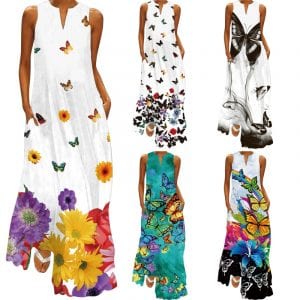 Summer New Sexy Women Dresses, Printed V-neck Pocket Long and Big Swing Skirt
