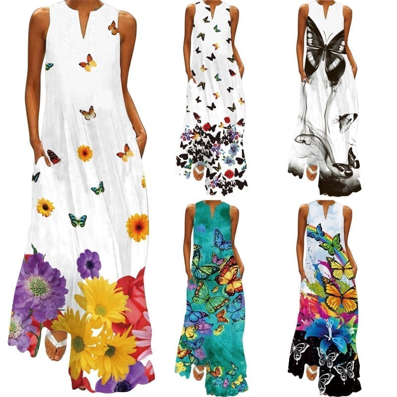 Summer new sexy women dresses, printed v-neck pocket long and big swing skirt