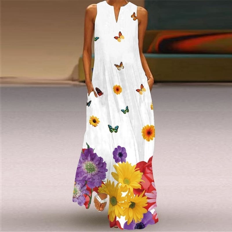 Summer new sexy women dresses, printed v-neck pocket long and big swing skirt