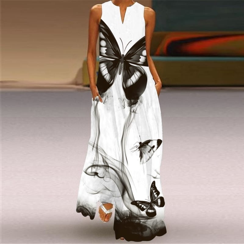 Summer new sexy women dresses, printed v-neck pocket long and big swing skirt