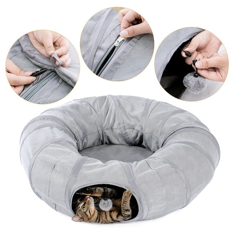 Gray cat toy foldable crossing tunnel, long nest cat, bed environment