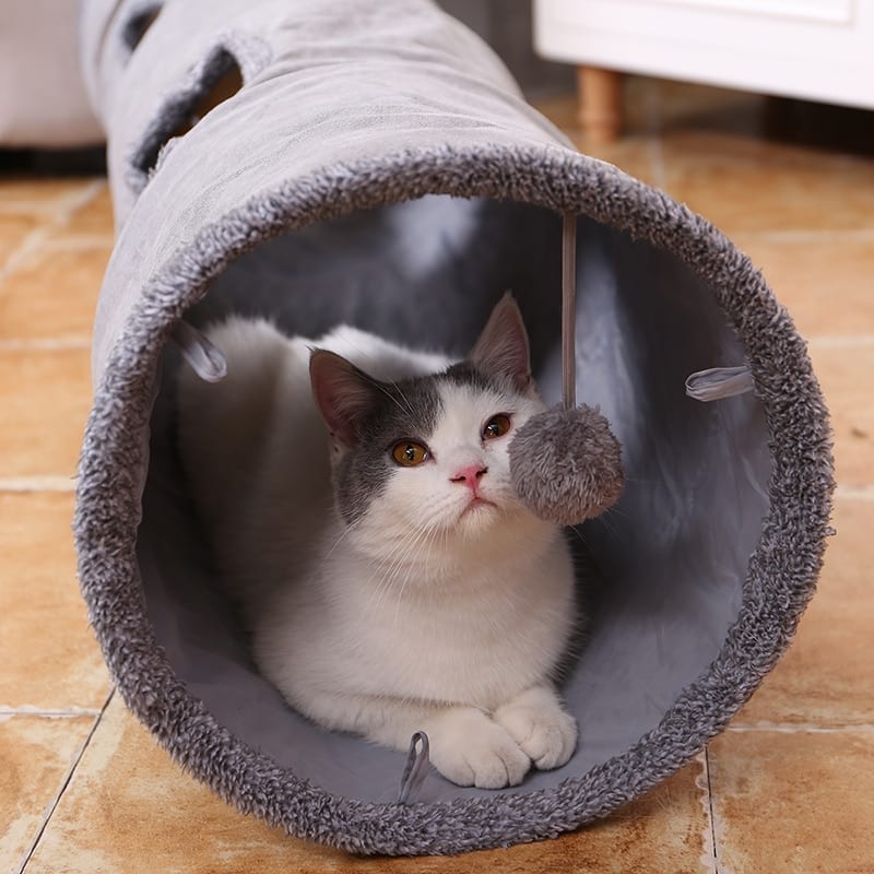 Gray cat toy foldable crossing tunnel, long nest cat, bed environment