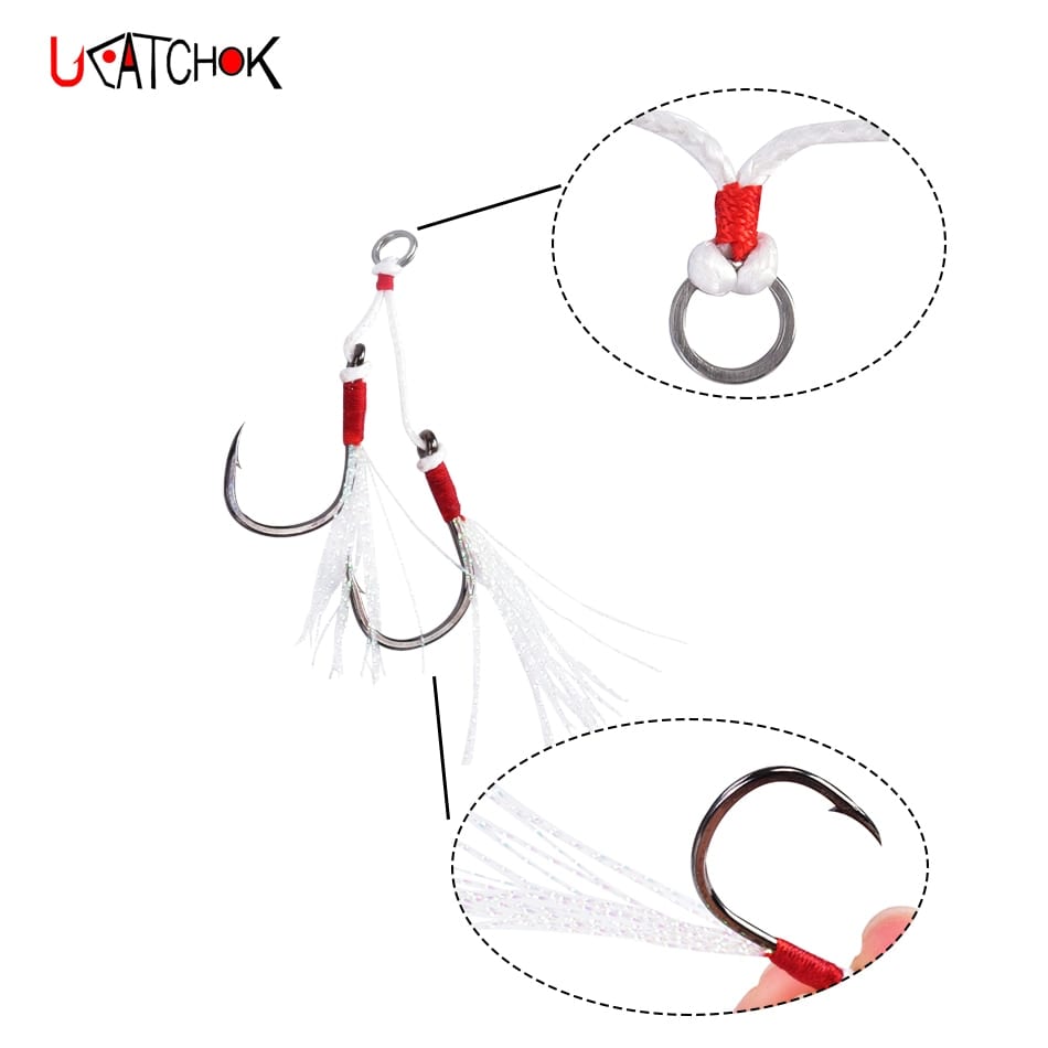 4pairs/lot, jig assist double hook, 10#-18# metal high carbon, with feather