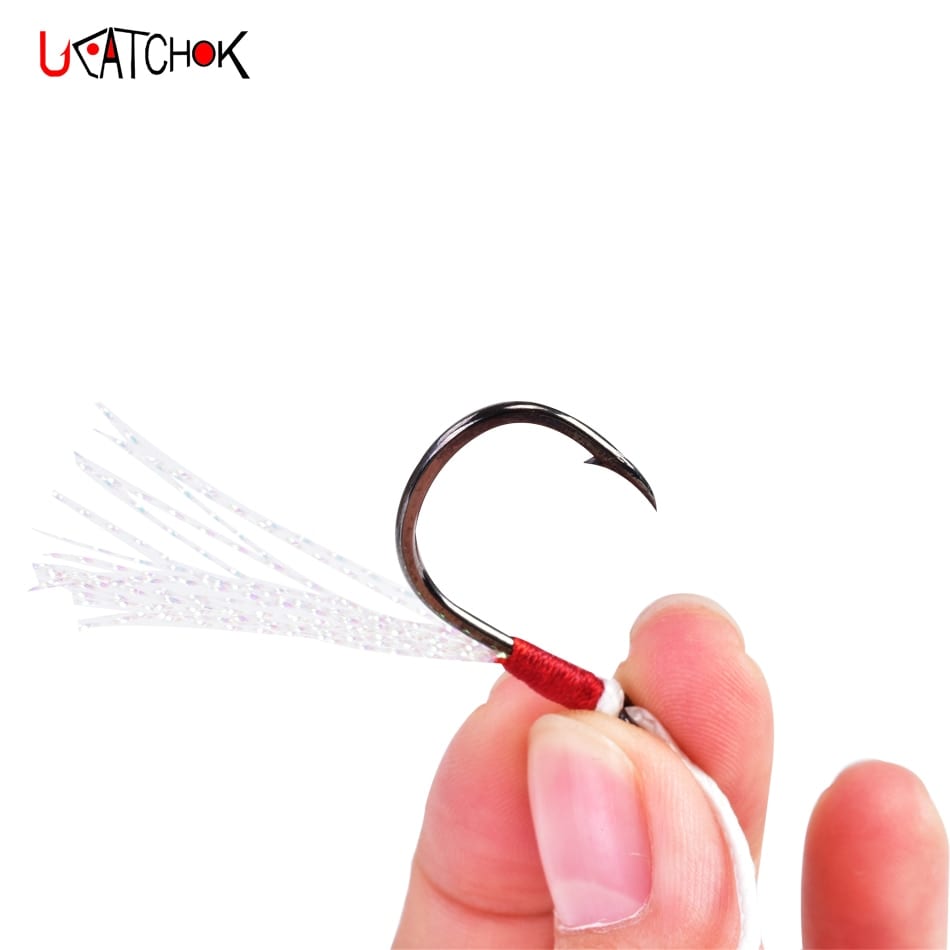 4pairs/lot, jig assist double hook, 10#-18# metal high carbon, with feather