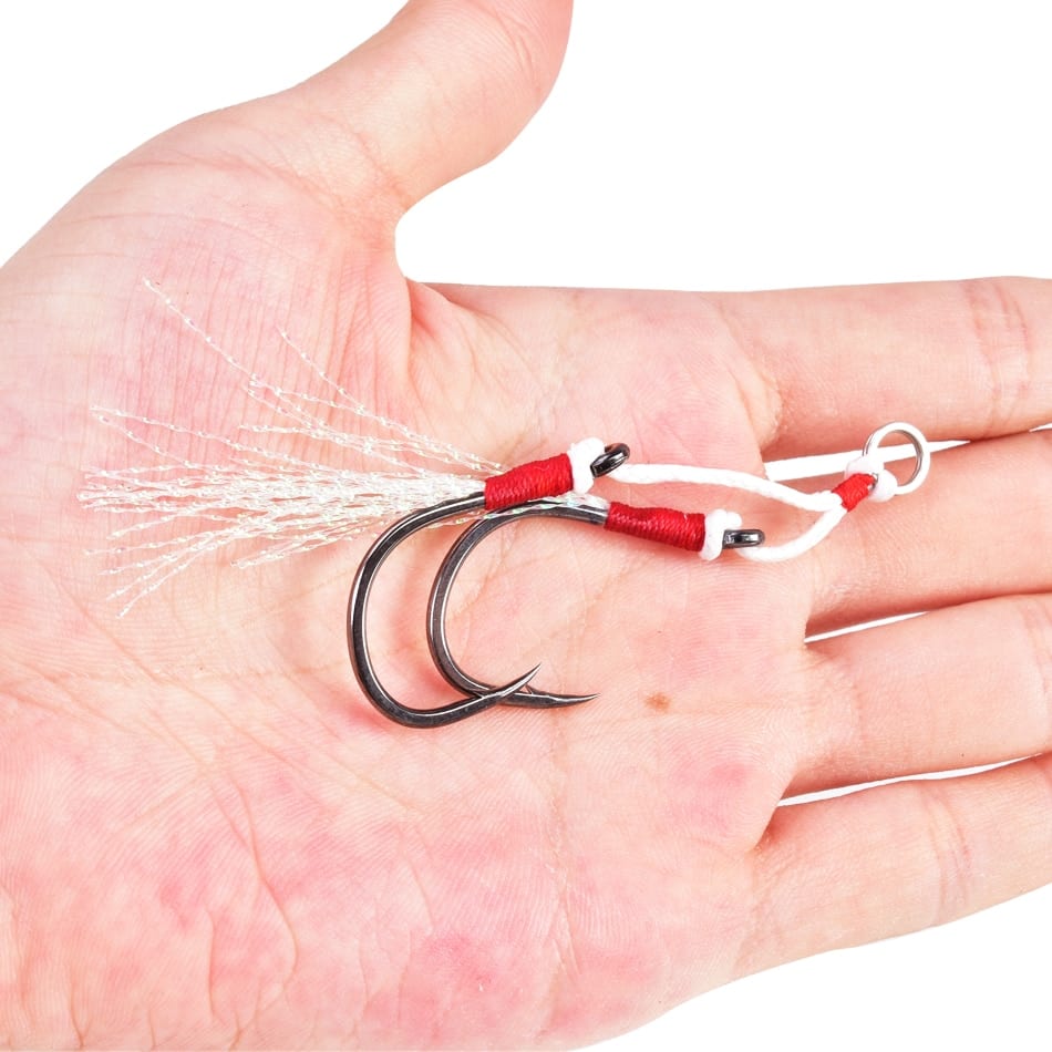 4pairs/lot, jig assist double hook, 10#-18# metal high carbon, with feather