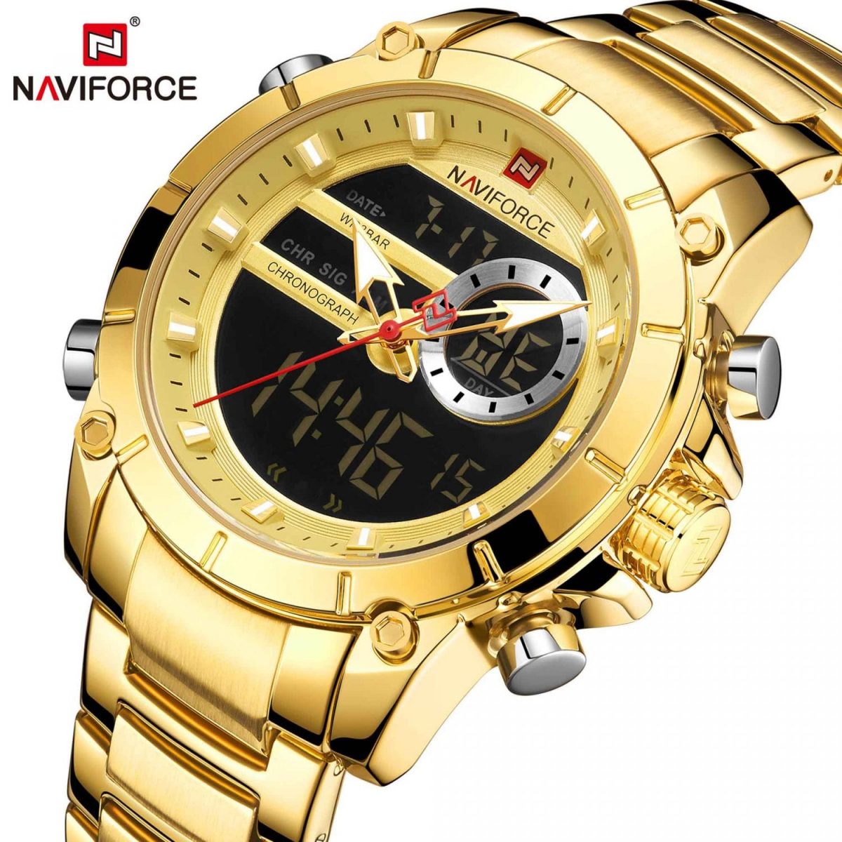 Naviforce brand, men military sport wrist watch, gold quartz steel waterproof, watches relogio masculino 9163
