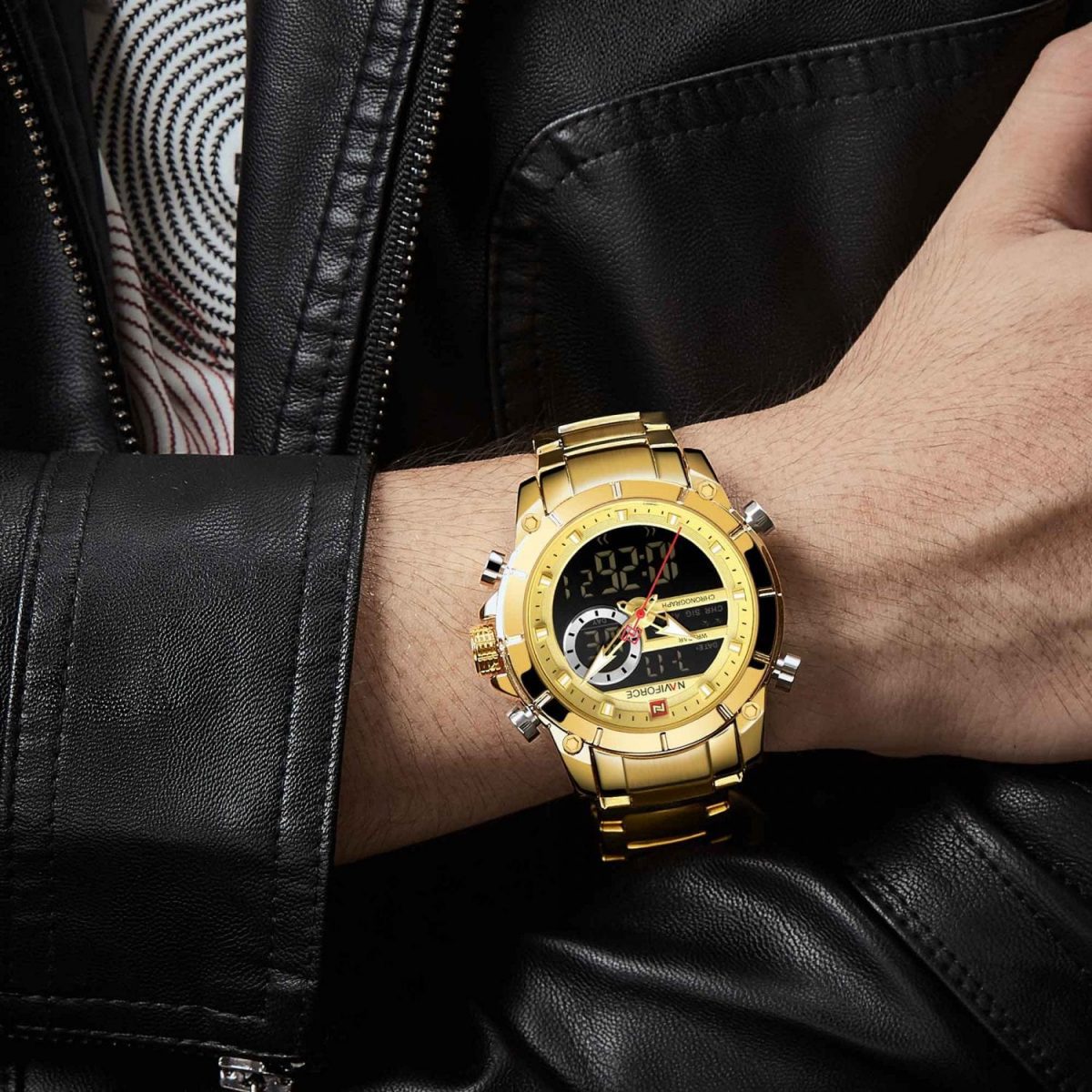 Naviforce brand, men military sport wrist watch, gold quartz steel waterproof, watches relogio masculino 9163
