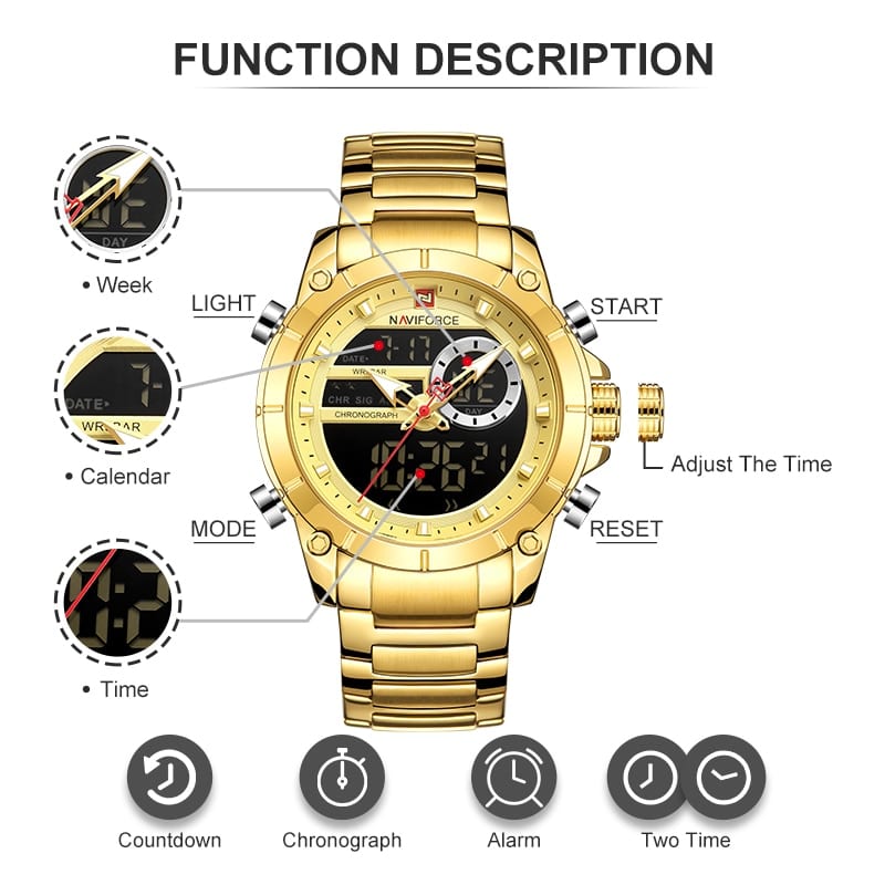 Naviforce brand, men military sport wrist watch, gold quartz steel waterproof, watches relogio masculino 9163