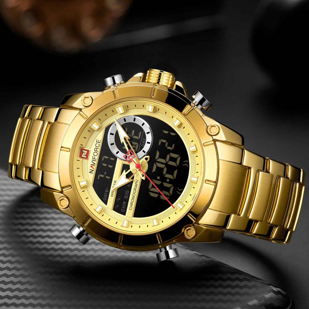 Naviforce brand, men military sport wrist watch, gold quartz steel waterproof, watches relogio masculino 9163