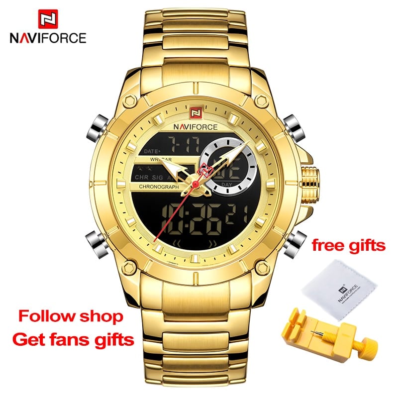 Naviforce brand, men military sport wrist watch, gold quartz steel waterproof, watches relogio masculino 9163