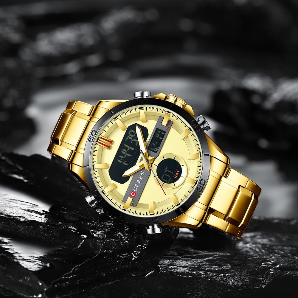 Curren fashion sport, gold men’s digital watches with stainless steel
