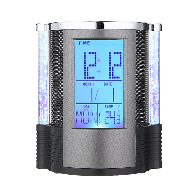 Digital lcd desk alarm clock, pen holder with led light