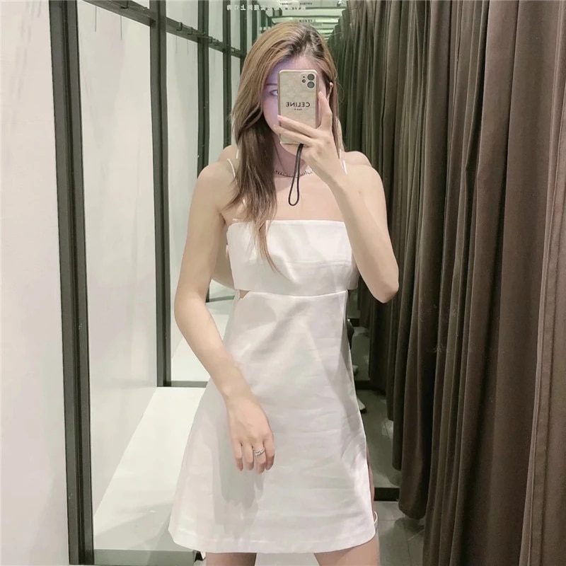 Za 2021 cut out sexy party dress, sleeveless, spaghetti straps, mini summer dress, chic back zip white