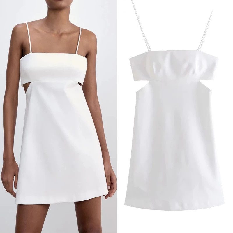 Za 2021 cut out sexy party dress, sleeveless, spaghetti straps, mini summer dress, chic back zip white