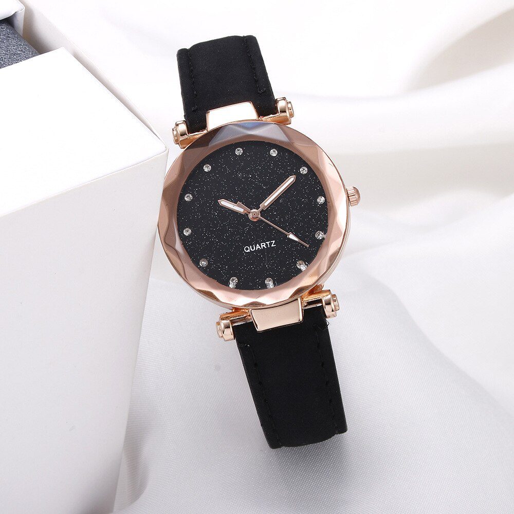 Wrist watch casual, women romantic starry sky, leather strap rhinestone designer