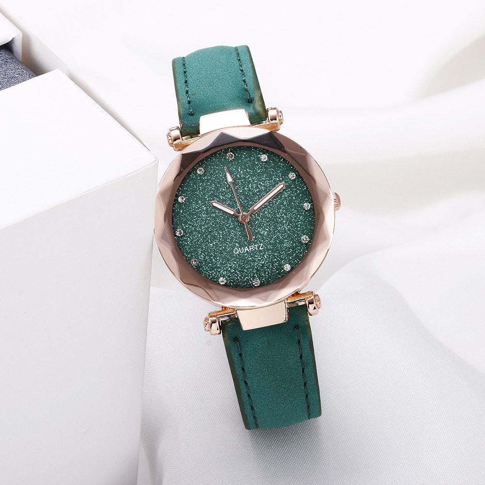 Wrist watch casual, women romantic starry sky, leather strap rhinestone designer