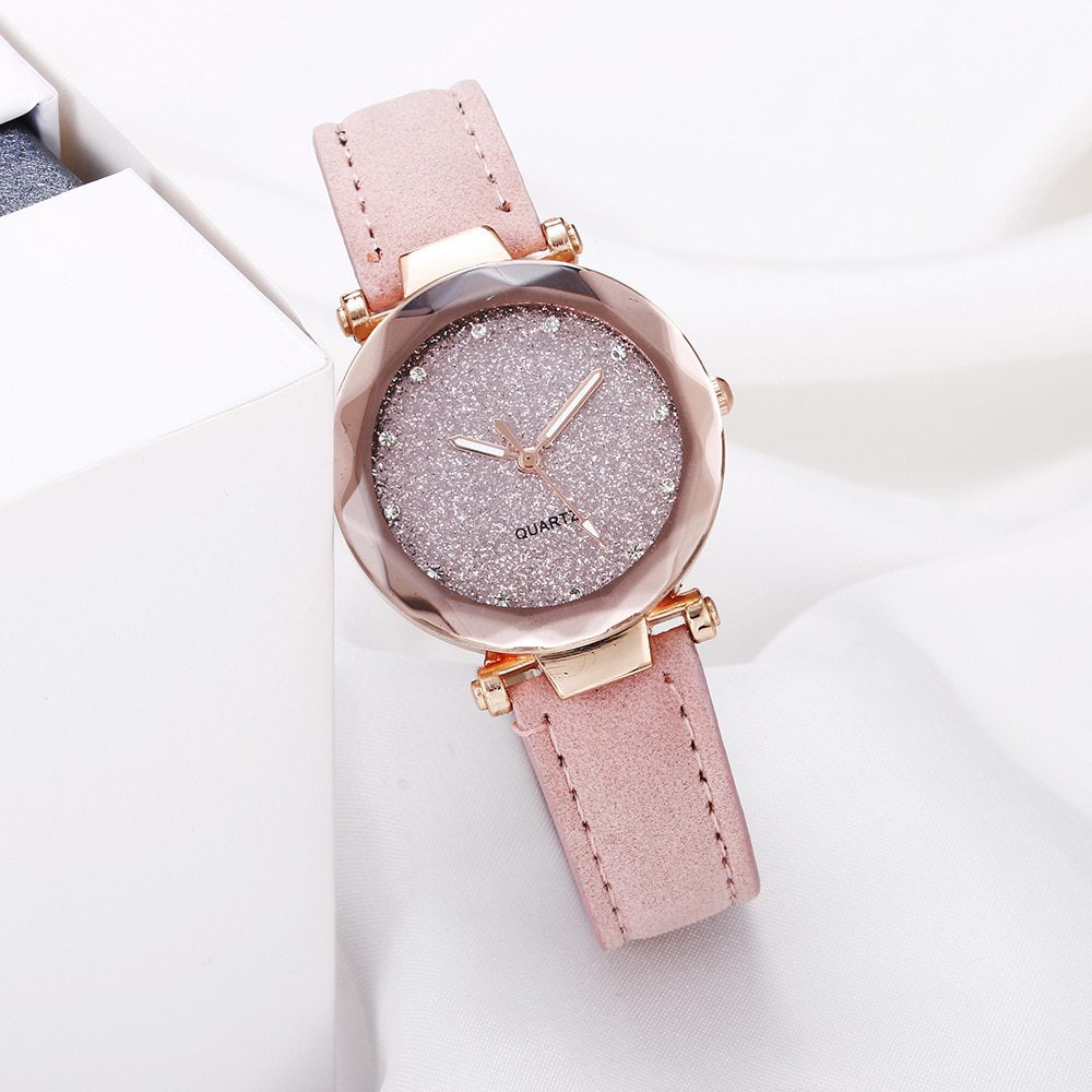Wrist watch casual, women romantic starry sky, leather strap rhinestone designer