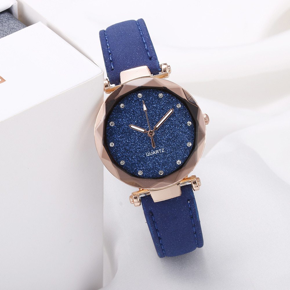Wrist watch casual, women romantic starry sky, leather strap rhinestone designer