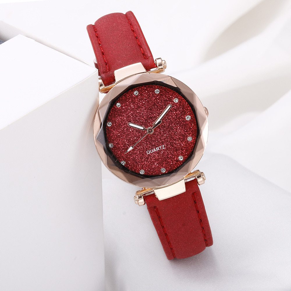 Wrist watch casual, women romantic starry sky, leather strap rhinestone designer