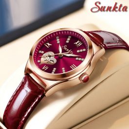 SUNKTA, Rose Gold Wine Luxury Quartz Women Watch, Waterproof, Leather