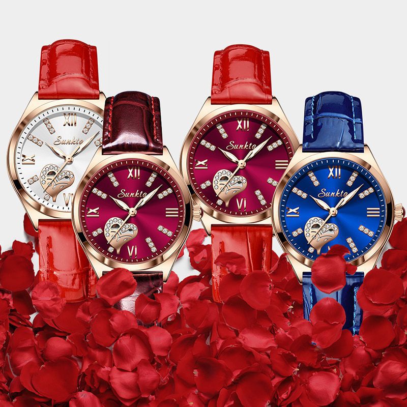 Sunkta, rose gold wine luxury quartz women watch, waterproof, leather